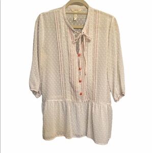Matilda Jane blouse drop waist tie at neckline 4 buttons dotted Swiss Sz Medium